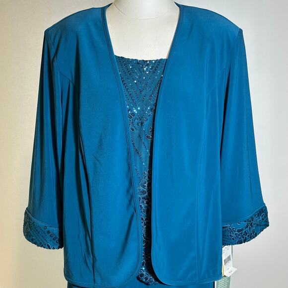 NWT Maya Brooke Teal Tiered Sequin 2 Piece Jacket Dress Set Womens Plus Size 18W - Picture 2 of 12